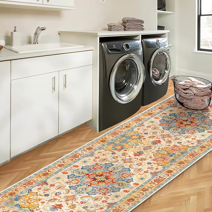 COMSLE Boho Runner Rug, 2' x 6' Washable Area Rugs for Hallway Faux Wool Small Distressed Indoor Door Mat Non-Slip Laundry Room Kitchen Carpet for Entryway Bedroom