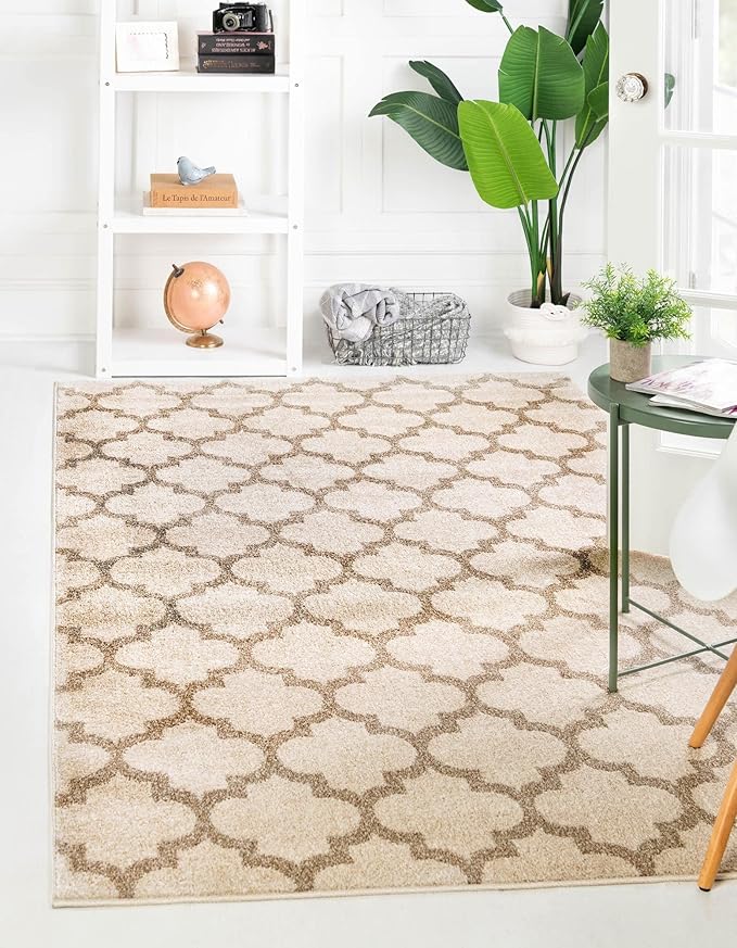 Rugs.com Lattice Collection Rug – 7' x 10' Beige Medium Rug Perfect for Bedrooms, Dining Rooms, Living Rooms
