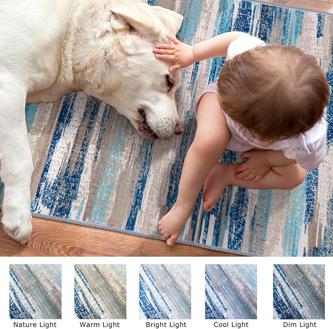 Modern Abstract Hallway Runner Rug, Blue Washable Kitchen Runner Non-Slip Soft 2x8 Runner Rug Thin Print Faux Wool Carpet for Entryway Bedroom Laundry Room Indoor