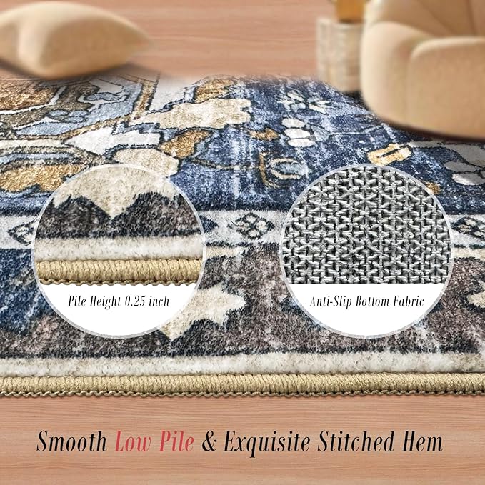 RUGSURE Washable Area Rugs - Stain & Water Resistant Non-Slip Backing - Pet & Child Friendly Vintage Tribal Design in Navy with Beige, Brown & Gold Accents - Ideal for Living Room (8' x 10')