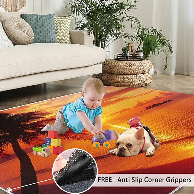 Coastal Rugs for Bedroom - 5x6 Area Rug - Ocean Beach Rugs for Living Room, Sunset Palm Trees Rug, Non-Slip Washable Home Decor Carpet