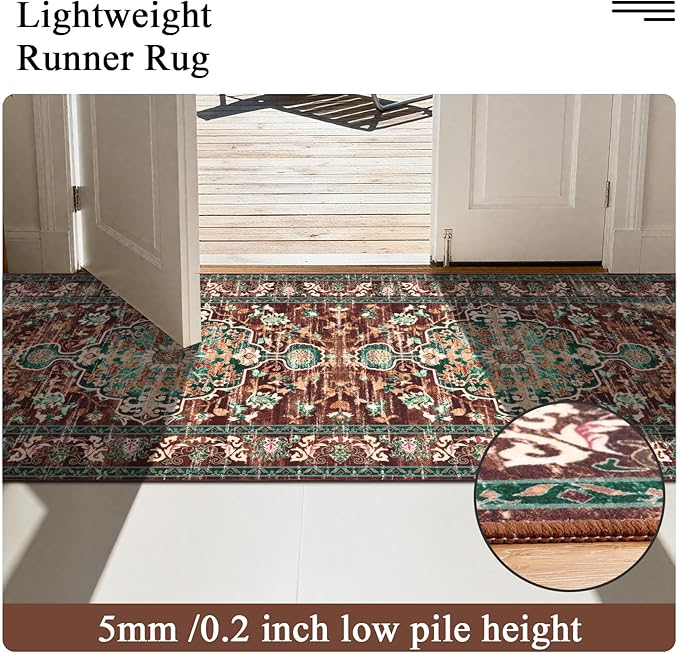 U'Artlines 3' x 16' Boho Hallway Runner Rug, Rust Non Slip Washable Vintage Farmhouse Accent Rug Carpet for Kitchen Entryway Laundry and Living Room (Rust＆Teal)