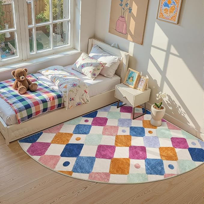 jinchan Macy Kids Rug for Nursery 6ft Radius Corner Washable Area Rug Modern Colorful Quarter Circle Rug Soft Non-Slip Carpet for Bedroom Playroom Daycare Reading Nook Classroom Berries on Cream