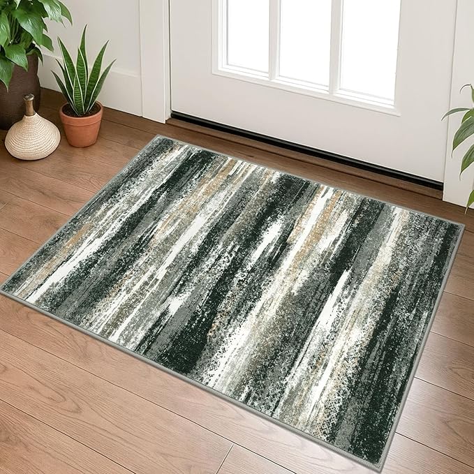 Modern Abstract Entryway Rug Indoor 2x3 Washable Rug Non-Slip Soft Small Area Rug Forest Green Kitchen Mats Thin Print Faux Wool Floor Carpet Throw Rugs for Entrance Bedroom