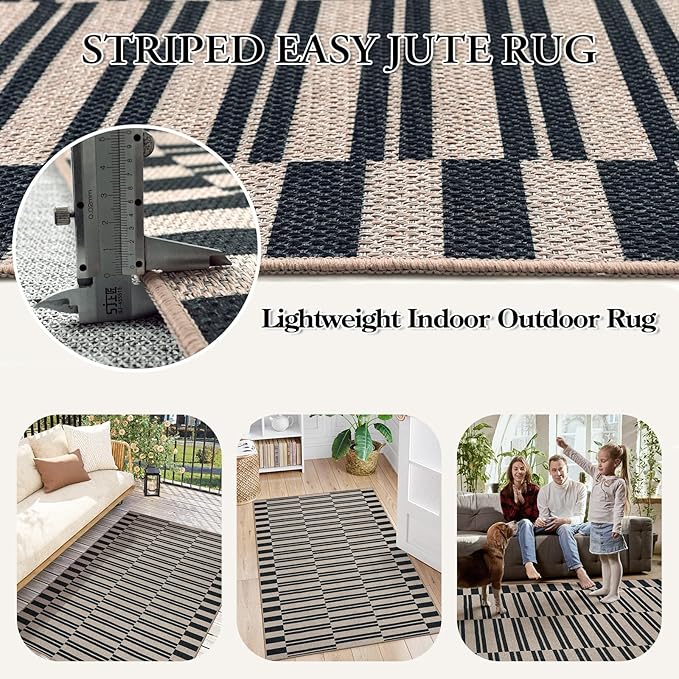 Lahome Striped Easy Jute Rug, 5x7 Outdoor Patio Rug Neutral Dining Room Rug Indoor Outdoor Carpet, Farmhouse Washable Non Slip Black Carpet for Backyard Living Room Office Deck