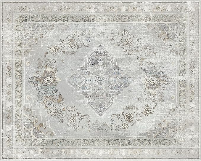 Phantoscope Washable Area Rug 8'x10' Non-Slip, Vintage Neutral Rugs for Living Room, Bedroom, Dining Room, Distressed Boho Medallion Pattern, Low-Pile Foldable Floor Carpet, Silver Grey/Taupe