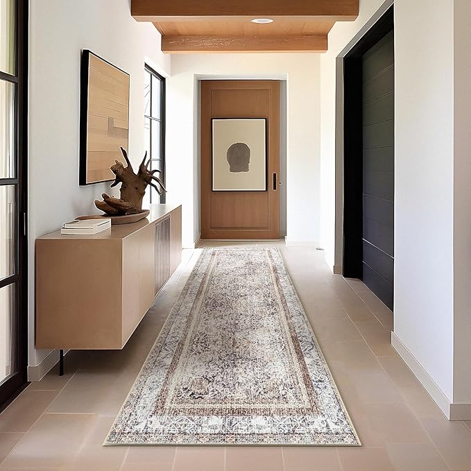 Phantoscope Washable Runner Rug 2'x10' Non-Slip, Vintage Neutral Hallway Rugs for Entryway, Stair, Bedroom, Distressed Boho Floral Medallion Pattern, Low-Pile Foldable Floor Carpet, Light Brown