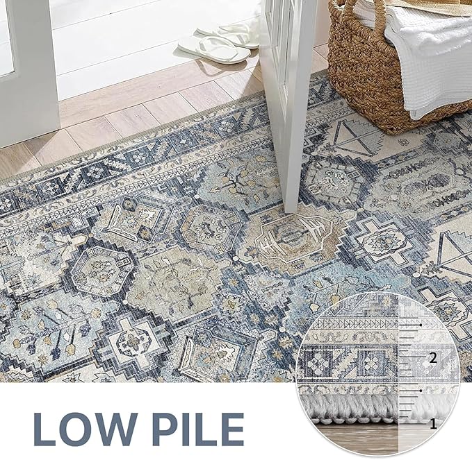 Bavni Runner Rug 2x10 Machine Washable Vintage Distressed Print Ultra-Thin Chenille Hallway Bedroom Kitchen Entrance Accent Rug, Low Pile Lightweight Non Slip with Gripper, Brown & Blue