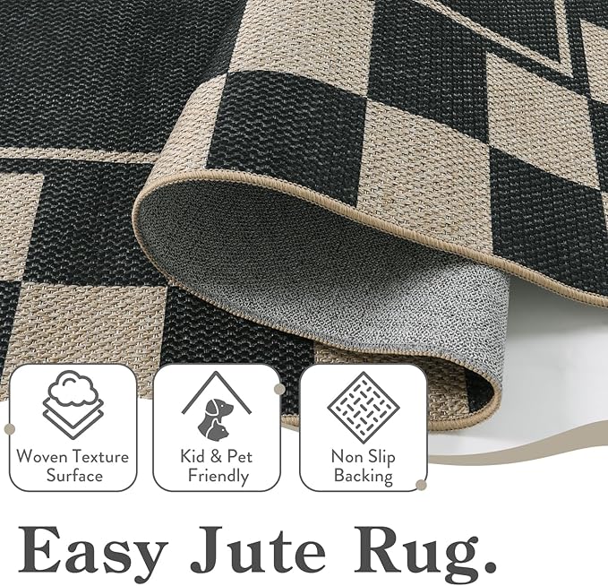 Moynesa Easy Jute Runner Rugs Washable 2.5x8 Entryway Runners Rug for Kitchen Black Checkered Carpet for Indoor Outdoor Non Slip Mat for Hallways Bathroom Bedroom Laundry Living Room Corridor