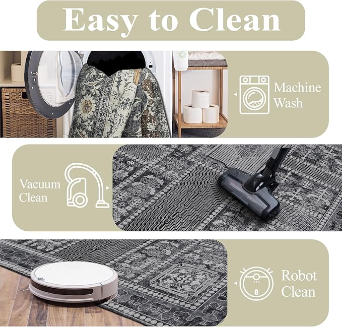 Washable Rugs 5x7 Area Rugs for Living Room, Thin Carpet for Bedroom, Soft Faux Wool Retro Dining Room Rug，Non Slip&Non-Shedding Resistant Low Pile Vintage Print Rug for Home Office (Grey)