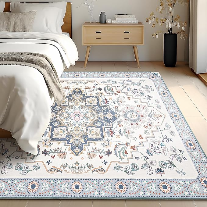 Phantoscope Washable Area Rug 8'x10' Non-Slip, Vintage Boho Rugs for Living Room, Bedroom, Dining Room, Persian Floral Medallion Pattern, Low-Pile Foldable Floor Carpet, Ivory Blue/Garden Bloom