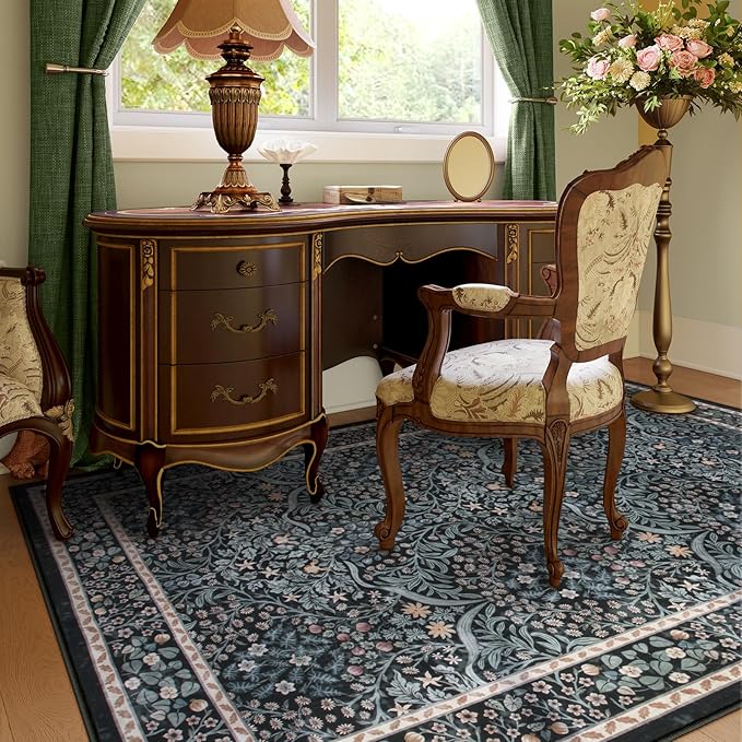 Lahome Floral Area Rugs 5x7, Soft Washable Rugs for Living Room Bedroom, Boho Non Slip Low Pile Forest Design Large Throw Carpet for Farmhouse Dining Room Office, Black