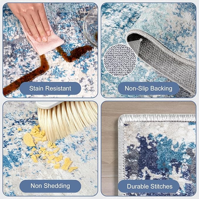 Washable Area Rugs for Living Room 9x12 - Large Neutral Modern Abstract Rug, Soft Low Pile Carpet with Non Slip Backing for Under Dining Room Table, Bedroom, Home, Office, Dorm - Blue Gray