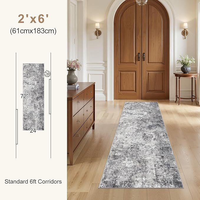 2X6 Washable Runner Rug for Hallway: Soft Neutral Modern Abstract Area Rug - Non-Slip Low Pile Long Throw Indoor Carpet for Kitchen Entryway Kitchen Bedroom Laundry Bathroom - Grey