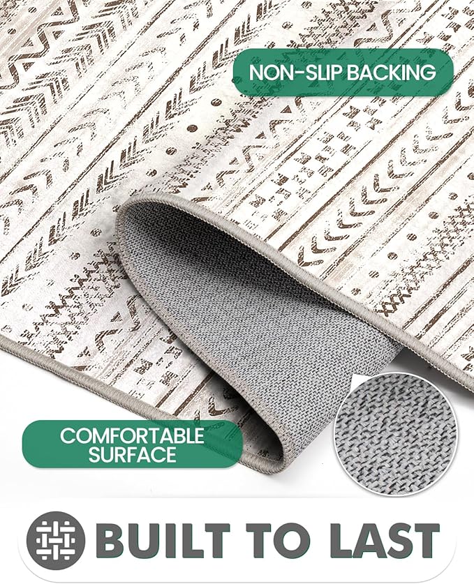 LUMI Washable Rug, 23x59 Kitchen Rugs for Entryway Bathroom, Non-Slip Indoor Door Mat Ultra-Thin, Small Oriental Throw Carpet for Bedroom Entry Office, White and Brown