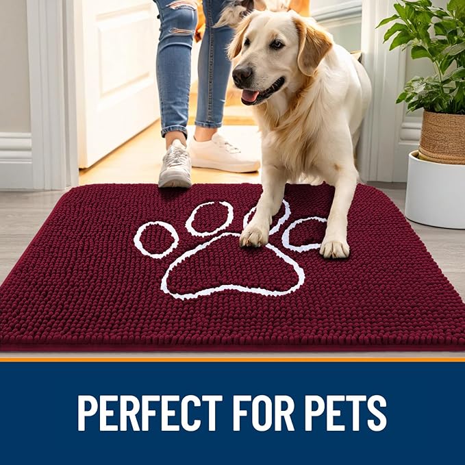 OLANLY Dog Door Mat for Muddy Paws 30x20, Paw Print Design, Absorbs Moisture and Dirt, Absorbent Non-Slip Washable Doormat, Quick Dry Chenille Mud Mat for Dogs, Entry Indoor Entryway Carpet, Burgundy