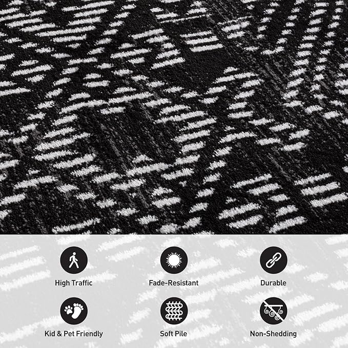Rugshop Boho Black Tribal Area Rug Modern Indoor Carpet for Living Room, Bedroom, or Entryway – Non-Shedding, Low Pile Geometric Design 4' x 6'