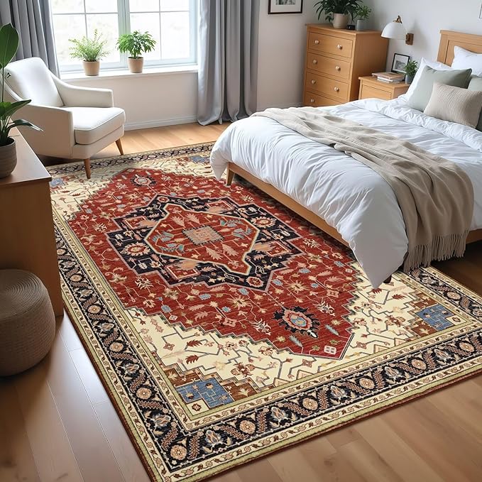 6x9 Orange Red Area Rug for Living Room, Machine Washable Rugs with Non-Slip Backing for Bedroom, Vintage Medallion Carpet Dining Room Office Kids Room Decor