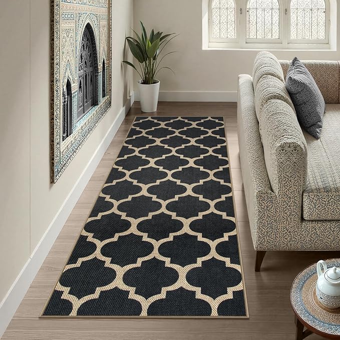 Lahome Moroccan Easy Jute Runner Rug 2x6, Black Washable Runner Rugs for Outdoor Porch Kitchen, Geometric Trellis Woven Long Carpet for Laundry, Thin Non Slip Farmhouse Porch Decor