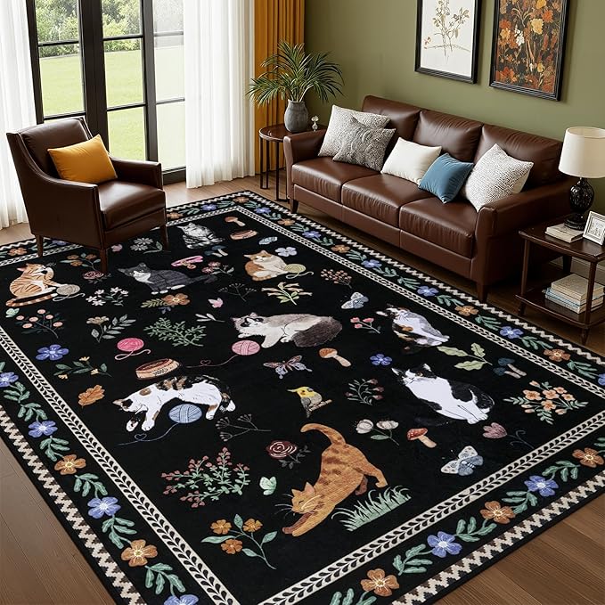 6x9 Area Rugs Living Room Rug: Vintage Washable Rug Floral Soft Carpet Indoor Floor Non-Slip Boho Stain Resistant Large Carpets for Bedroom Kids Nursery Dining Room Farmhouse Home Office Black/C01