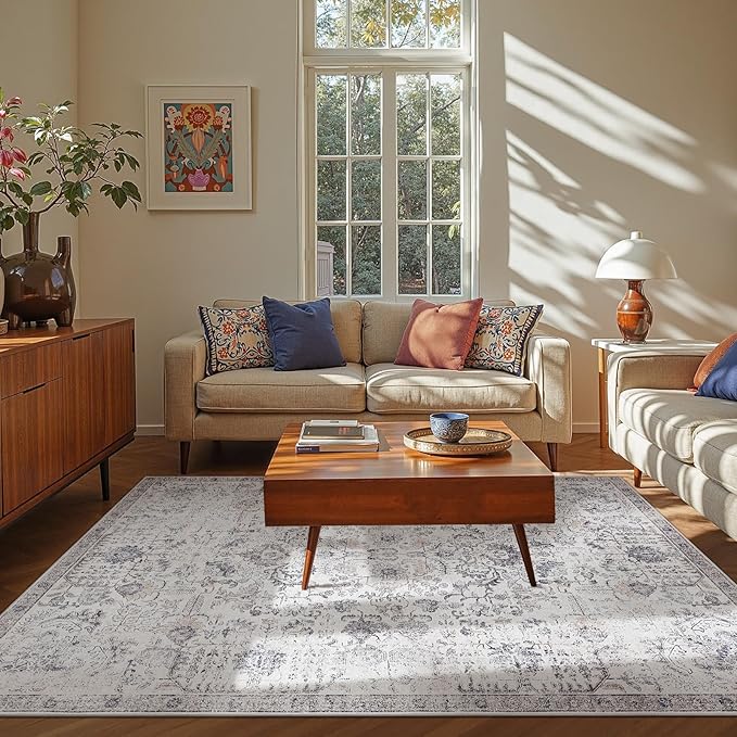 jinchan Kalen Area Rug 6x9 Washable Living Room Rug Vintage Indoor Large Floor Cover Retro Accent Mat Distressed Gray Floral Country Boho Non Slip Thin Carpet for Bedroom Dining Room Office Grey