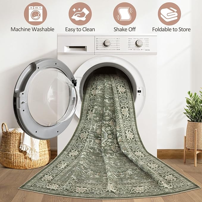 9x12 Area Rug Living Room: Washable Boho Large Neutral Vintage Soft Rugs Stain Resistant Farmhouse Non Slip Indoor Floor Carpet for Bedroom Nursery Kids Playroom Office Dining Room Home- Dark Green