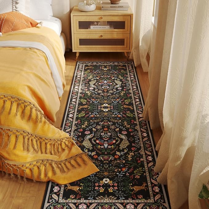 Runner Rug Washable Kitchen 2'6''x8' Rug for Entryway Indoor Floral Non-Slip Soft Carpet Runner for Hallways, Kitchen, Laundry, Bedroom, Bathroom (Vibrant Black)