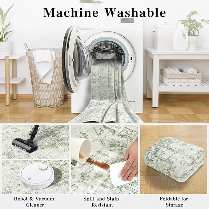 8x10 Vintage Washable Area Rugs Boho Medallion Large Distressed Retro Accent Carpet Floral Non-Slip Soft Low Pile Indoor Throw Rug for Living Room Bedroom Dining Room Office Kitchen, Green
