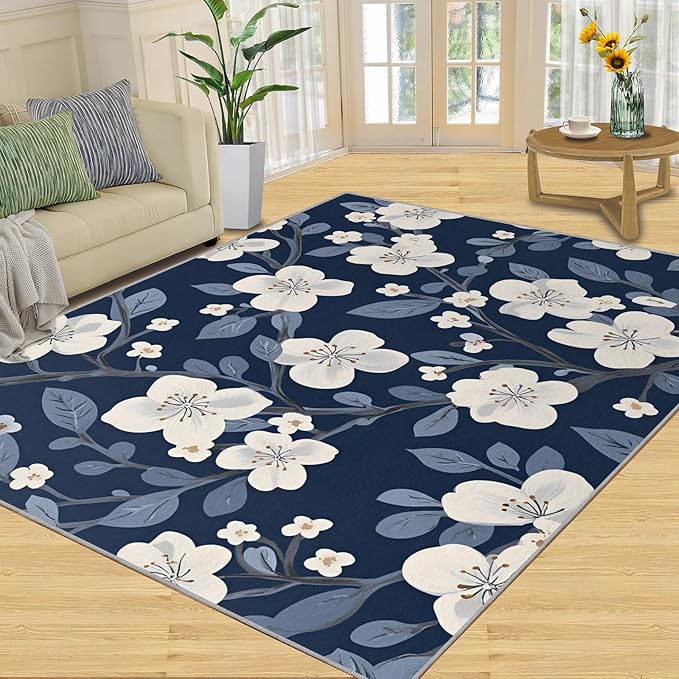 Boho Rugs for Bedroom - 4x5 Area Rug - Blue White Flowers Rugs for Living Room, Vintage Modern Flowers Rug, Washable Home Decor Carpet