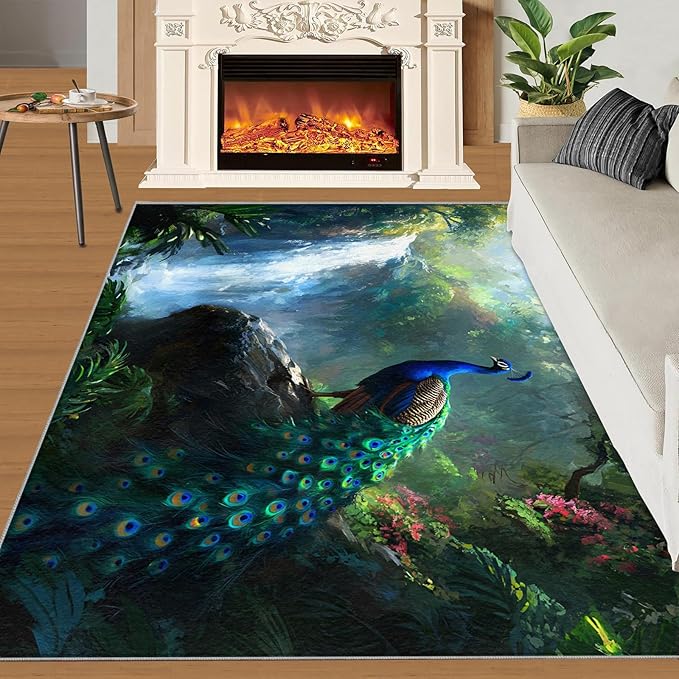 Peacock Rugs for Bedroom - 5x8 Rug, Peacock Decor Area Rugs for Living Room, Natural Landscapes Carpet, Waterfall Washable Area Mat, Aesthetics Carpet - Peafowl Home Decor & Gifts