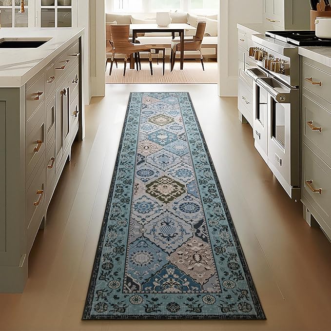 Phantoscope Washable Runner Rug 2'x10' Non-Slip, Vintage Boho Hallway Rugs for Entryway, Stair, Bedroom, Distressed Moroccan Mosaic Diamond Pattern, Low-Pile Foldable Floor Carpet, Blue Teal/Neutral