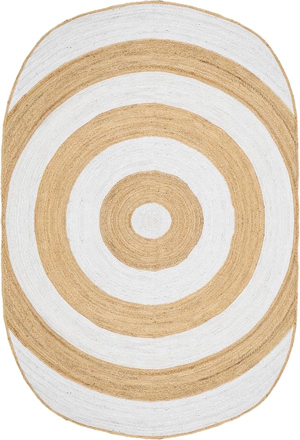 4x8 Oval Kilim Rug – Oval Handmade Boho Rug, Solid White Beige, Hand Braided Jute, 0.27" Thick Flatweave Carpet for Indoor Outdoor Bedroom, Living Room, Dining