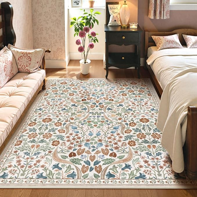 Lahome Floral 5x7 Beige Bedroom Rug, Non-Slip Washable Area Rugs for Nursery, Botanical Soft Boho Carpet Floor Mats for Kids, Playroom, Living Room