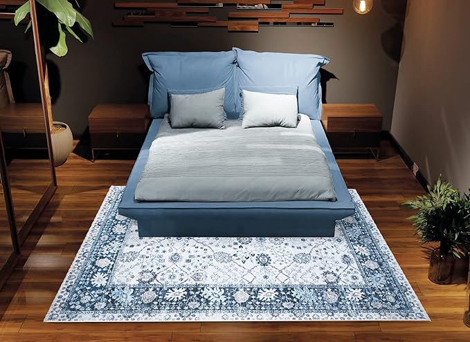Bloom Rugs Caria Washable Non-Slip 6x9 Rug - Navy Blue Traditional Bordered Area Rug for Living Room, Bedroom, Dining Room, and Kitchen - Exact Size: 6' x 9'