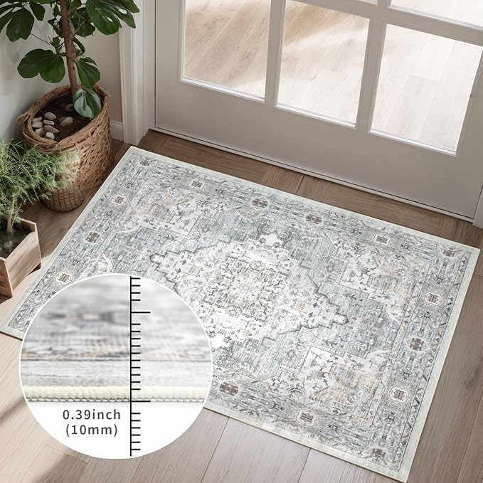 Area Rug 8×10 Washable Rugs for Bedroom, Vintage Floral Rug Soft Non Slip Stain Resistant Carpet for Living Room Dinning Room Kitchen Home Office Blue Green Multi