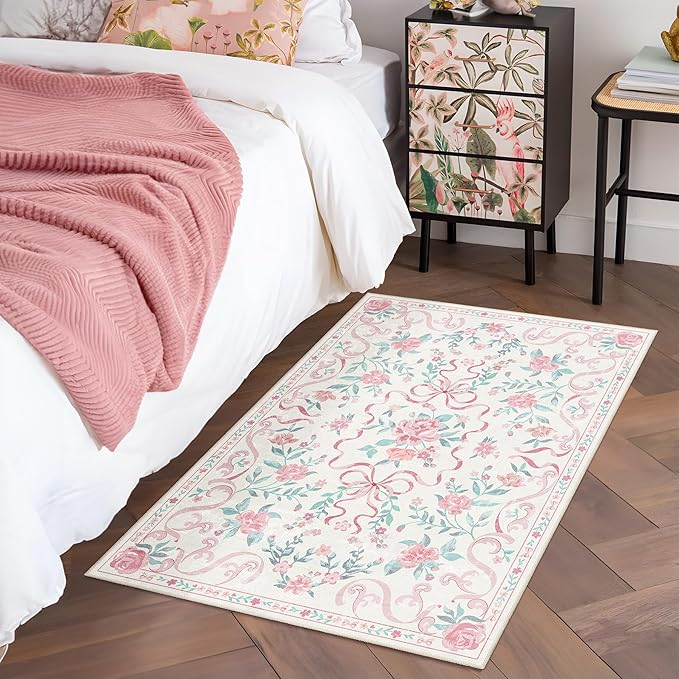 Pink Rug Bow Floral Rugs for Girls, 2x3 Washable Small Area Rug for for Entryway, Kitchen, Front Door Indoor Entrance, Non Slip Carpet for Bathroom Bedroom Living Room