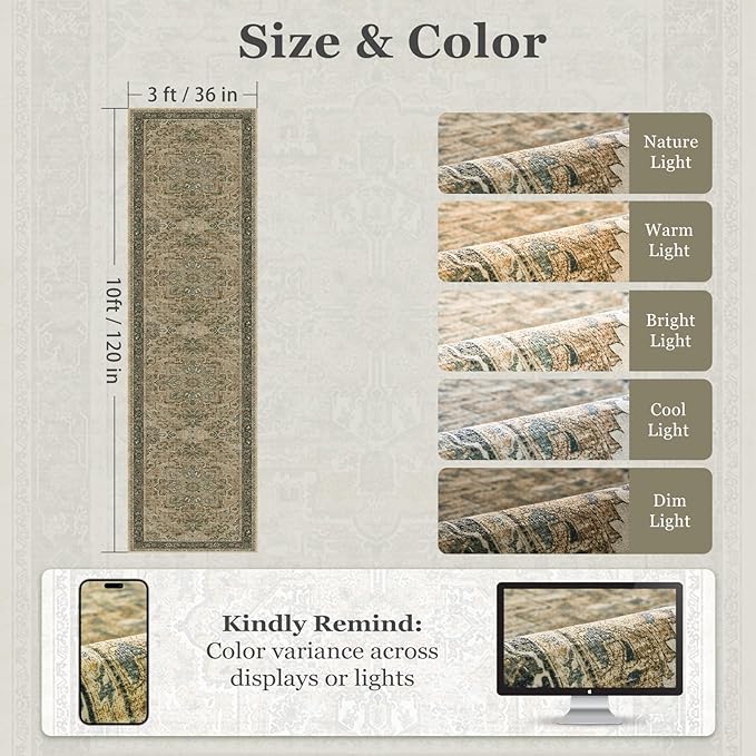 Moody 3x10 Long Hallway Runner Rug, Vintage Distressed Medallion Carpet Runners for Entryway, Low Pile Thin Runner Rug Non Slip Washable for Kitchen/Mudroom/Foyer/Bedroom, Multi Brown/Olive