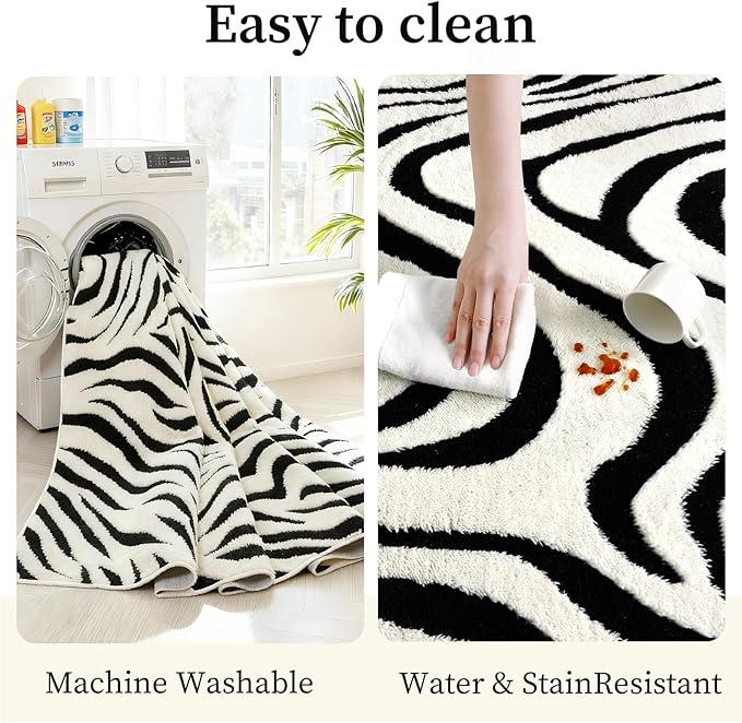 YIHOUSE 9×12 Ft Area Rugs for Living Room: Modern Washable Rug - Abstract Black and Cream White Rug for Bedroom Dining Room Office Playroom Nursery Home Decor - Nonslip Non-Shedding Striped Rugs