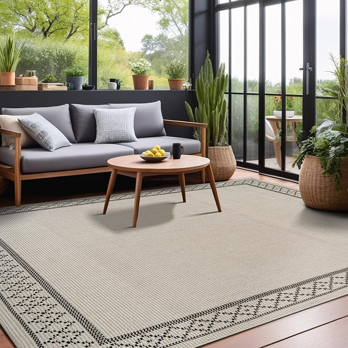 Easy Jute Rugs 9x12 Frame Bone Color Living Room Indoor Outdoor Area Rug for Patio and Kitchen Rug High Traffic Washable Easy to Clean Solid Boho Woven Design Carpet (9 x 12)