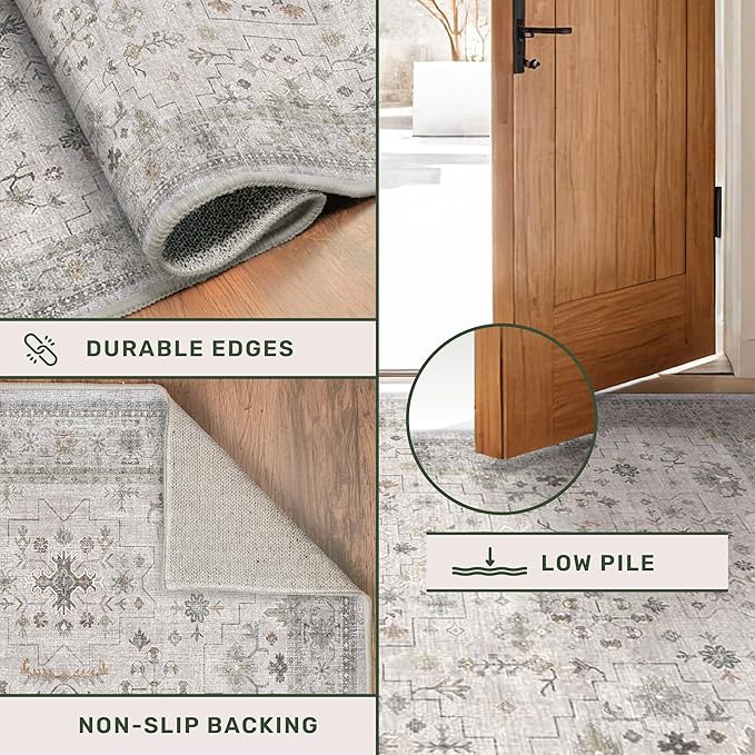 Boho Light Grey Living Room Rug 6x9 - Modern Vintage Eclectic Floral Paste Neutral Taupe, Washable Low Pile Non-Slip Large Area Rugs for Dining Under Table Bedroom