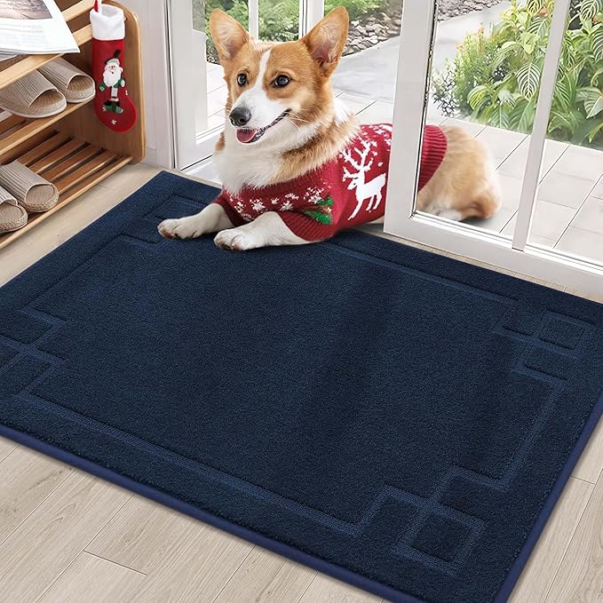 BEQHAUSE Door Mat 24" x 36", Non-Slip Door Mats Indoor Entryway Rugs Washable Low-Profile Absorbent and Stain Resist Floor Mats, Dog Door Mat for Front Back Door, Muddy Wet Shoes & Paws, Navy Blue