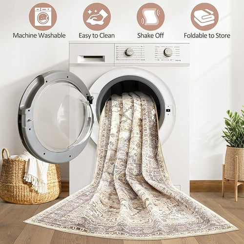10x12 Area Rug Living Room: Washable Boho Large Neutral Vintage Soft Rugs Stain Resistant Farmhouse Non Slip Indoor Floor Carpet for Bedroom Nursery Kids Playroom Office Dining Room- Beige Brown