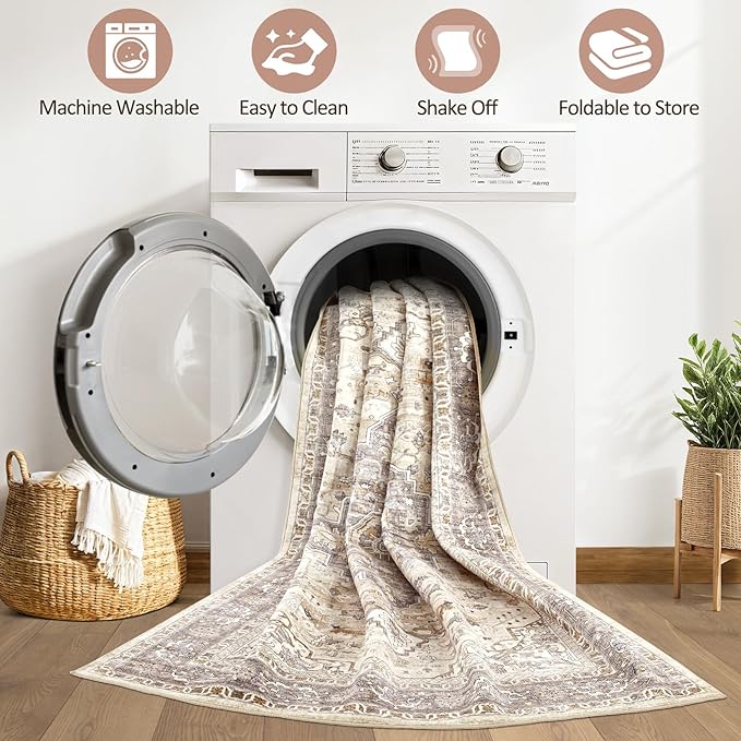 Runner Rug Kitchen Washable Rugs: 3x8 Non-Slip Boho Soft Vintage Stain Resistant Indoor Floor Neutral Farmhouse Throw Carpet for Hallway Bathroom Laundry Room Entryway Bedroom- Brown