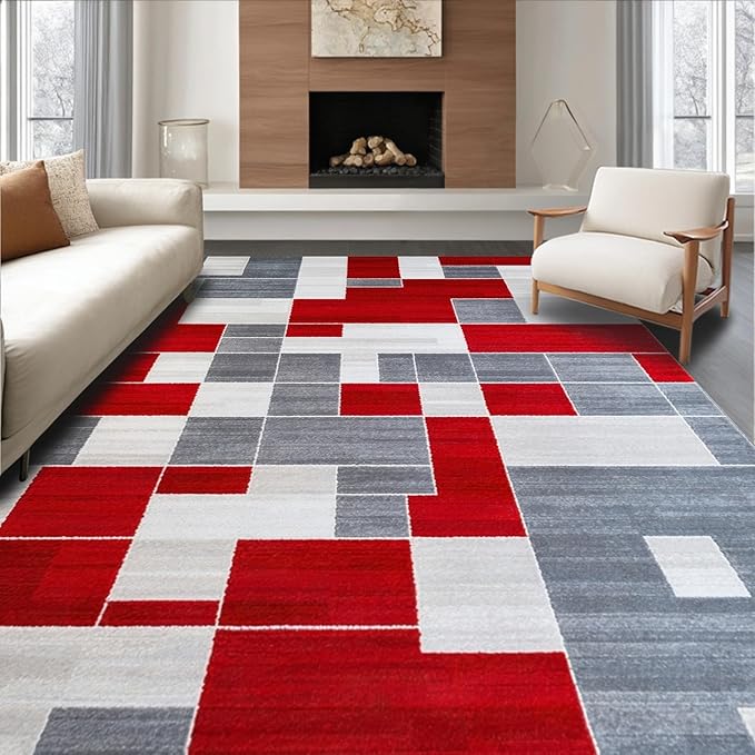 Flatwoven High Traffic Area Rug 6x9, Waterproof Patio with Anthracite Accents, Non Slip, Stain Resistant, Washable Area Rugs for Living Room, Bedroom (Red, 6x9)