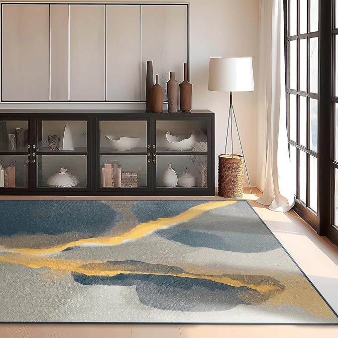Phantoscope Washable Area Rug 6'x9' Non-Slip, Vintage Modern Boho Rugs for Living Room, Bedroom, Dining Room, Cloudscape Golden Horizon Pattern, Low-Pile Foldable Floor Carpet, Deep Grey/Gold
