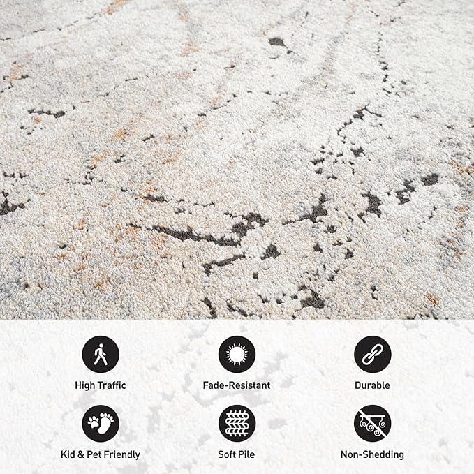 Rugshop Drifted Marble Abstract Area Rug Durable, Kid & Pet Friendly Gray, Ivory, Neutral Tones 2' 3" x 6' Runner Ideal for Hallway, Kitchen, Entryway, or Behind The Sofa