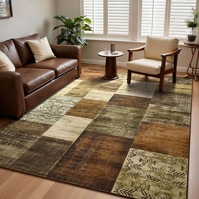 DweIke Washable Area Rugs for Living Room, 4x6 Soft Bedroom Rugs, Geometric Print Non-Slip Modern Rug, Stain Resistant Throw Carpets for Office Nursery Dining Room Home Dorm Decor, Brown
