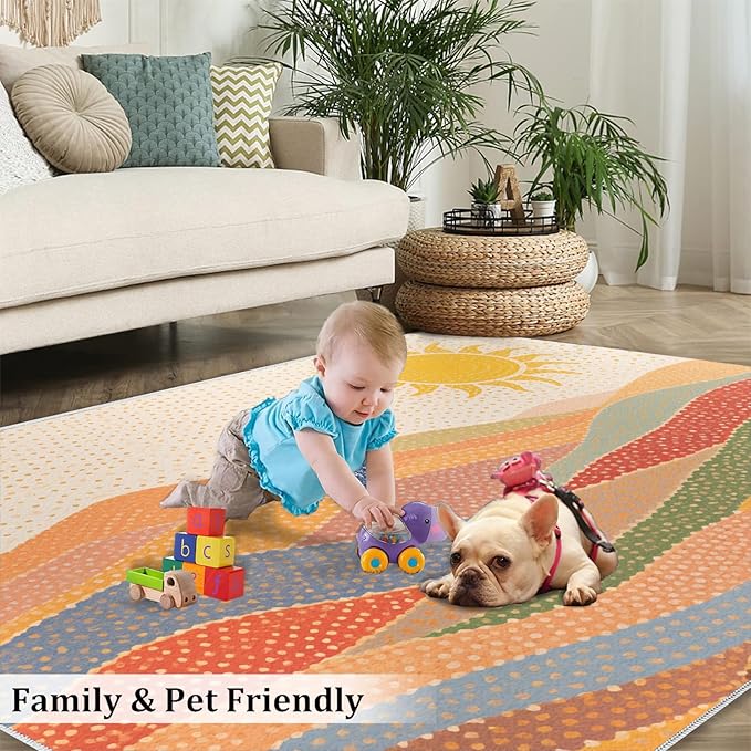 Boho Sun Area Rugs 8x10ft, Mosaic Sunburst Area Rug for Living Room, Dotted Gradient Hills Modern Rug with Double Sided Carpet Tape for Bedroom Men Room Decor