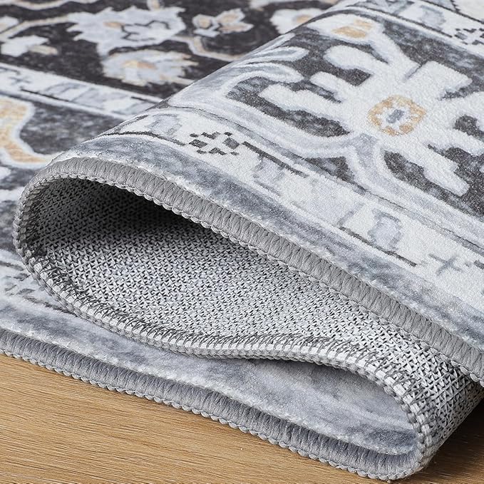 Washable Area Rug 3x5, Low Pile Super Soft Carpet, Vitnage Distressed Rug for Bedroom, Living Room, Dining Room, Non-Slip, Low Pile, Black