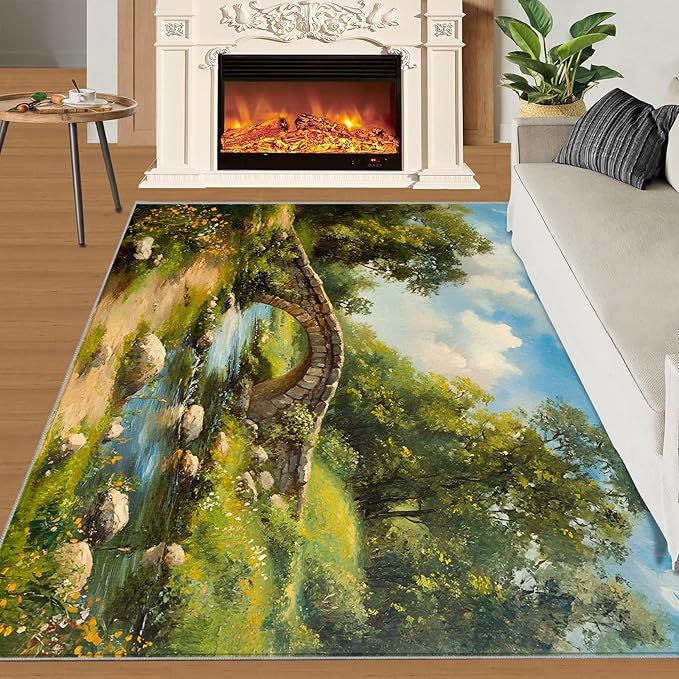 Forest Rugs for Bedroom - 4x6 Area Rug - Stone Bridge Stream Rugs for Living Room, Retro Country Style Rug, Non-Slip Washable Home Decor Carpet